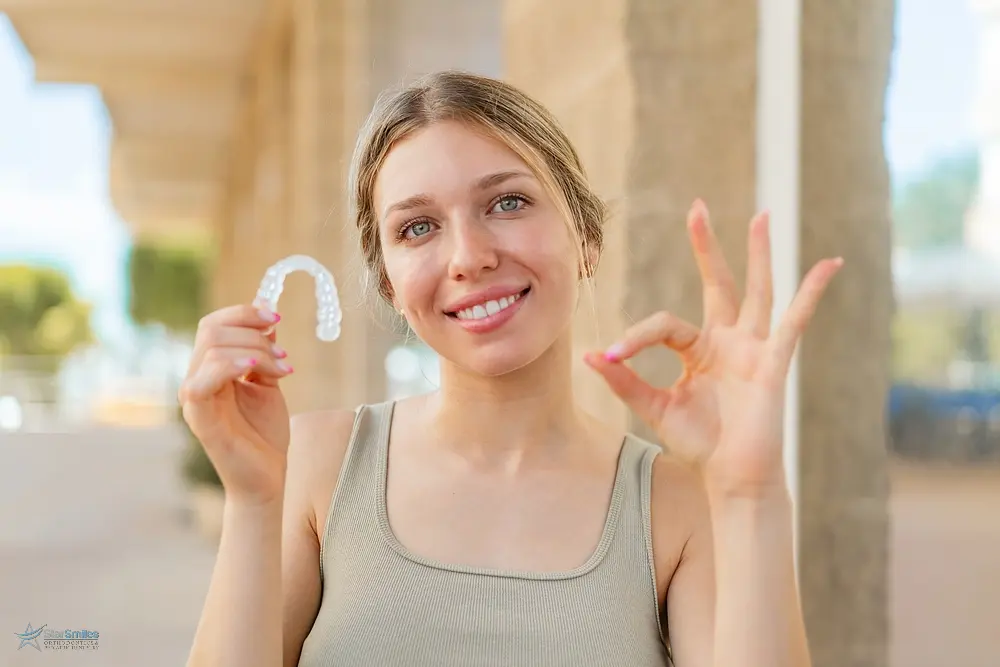 A blond woman smiling and signing "OK" outdoor wondering about Invisalign Cost in Bloomingdale, Naperville, IL