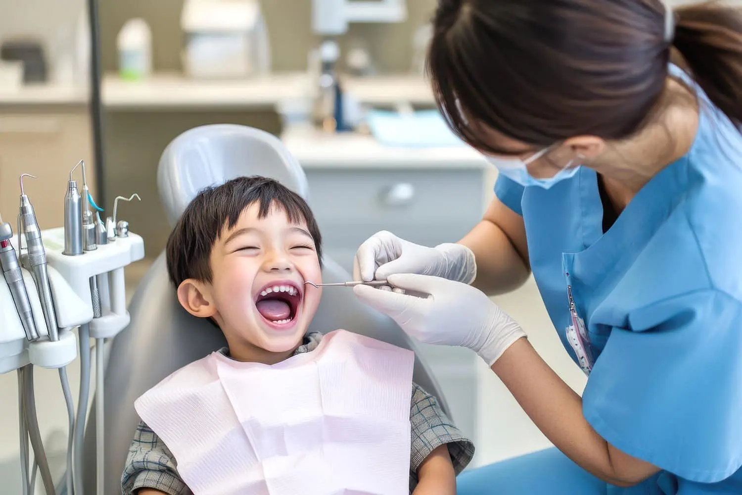 A child smile sitting in a dental chair, for appointments with trusted children’s orthodontist in Bloomingdale and Naperville, IL.