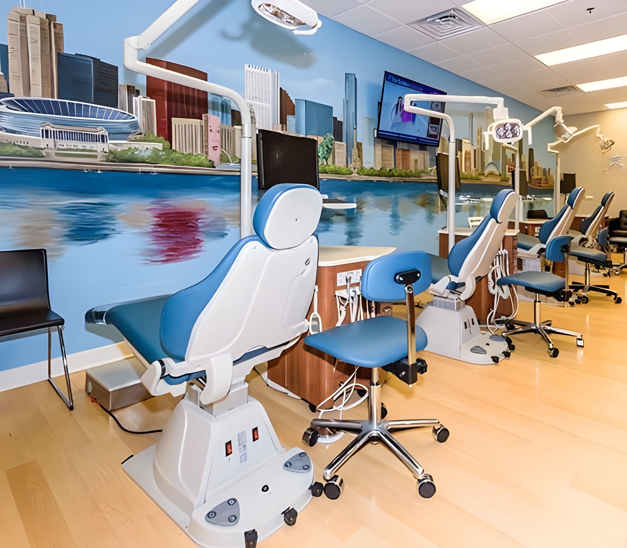 At Star Smiles Orthodontics and Pediatric Dentistry in Bloomingdale and Naperville IL, view of consultation and diagnostic area with exam chairs focused on underbite care.